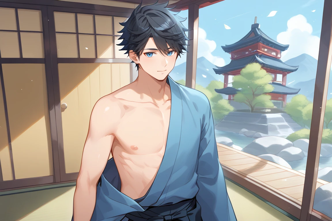 1boy,solo,male focus,japanese clothes,hakama,kimono,dojo,black hair,blue eyes,bare shoulder,bare arm,mature male