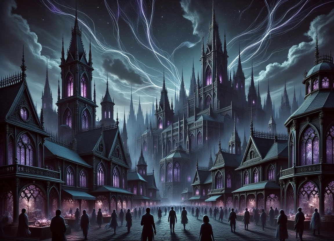 A surrealistic cityscape of a DonM inspired metropolis at dusk with intricate architecture and vibrant marketplaces in the foreground, set against a backdrop of a vast, star-filled night sky where an oscillatory network of glowing neural pathways weaves through the clouds. In the midst of this bustling scene, anxious individuals navigate their way through crowded streets while others embody impulsive actions, all within a society heavily influenced by neuropsychology and psychopharmacology research findings. In the distance, a sprawling complex symbolizing social psychology concepts is visible, its structure reflecting the intricate balance between conscious and unconscious decision-making processes.