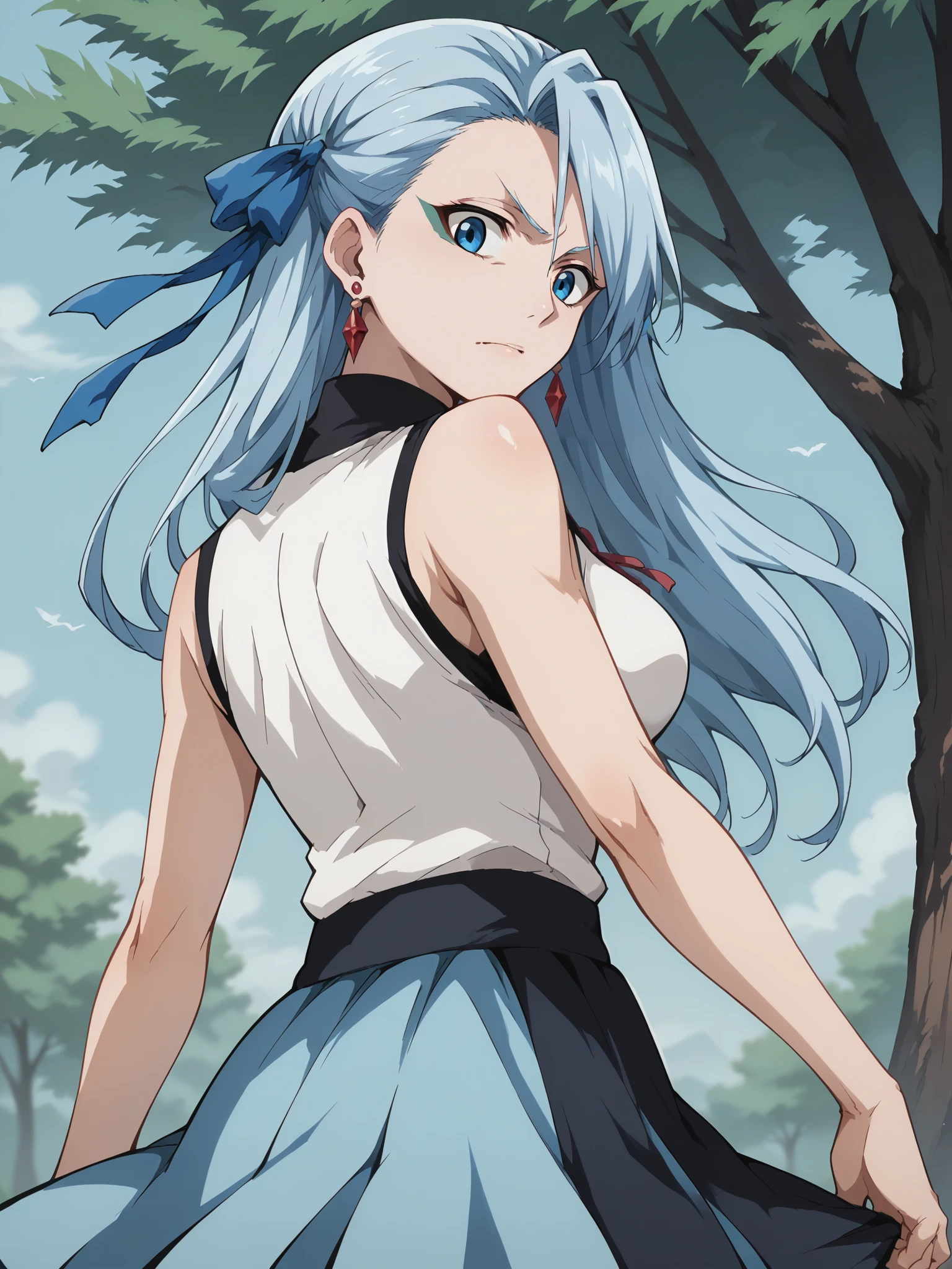 score_9, score_8_up, score_7_up, score_6_up, score_5_up, source_anime, smooth_anime,
Grimmjow, 1girl, solo, blue_eyes, blue_hair, ribbon, hair_ribbon, looking_at_viewer, long_hair, outdoors, jewelry, earrings, breasts, looking_back, sleeveless, blue_ribbon, skirt, shirt, tree, large_breasts, sleeveless_shirt, blue_skirt, long_skirt, day
 <lora:Grimmjow_V3:1>