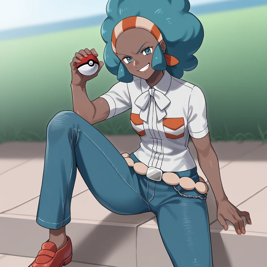 score_9, score_8_up, score_7_up, score_6_up, score_5_up, score_4_up, zPDXL2,source_anime,rating_questionable, 1girl, solo, outdoors, smirk, looking at viewer, holding pokeball, <lora:Lenora_-_V2:0.8> lenora_bw, dark-skinned female, blue hair,  headband, white shirt, flared jeans, Belt, red shoes,