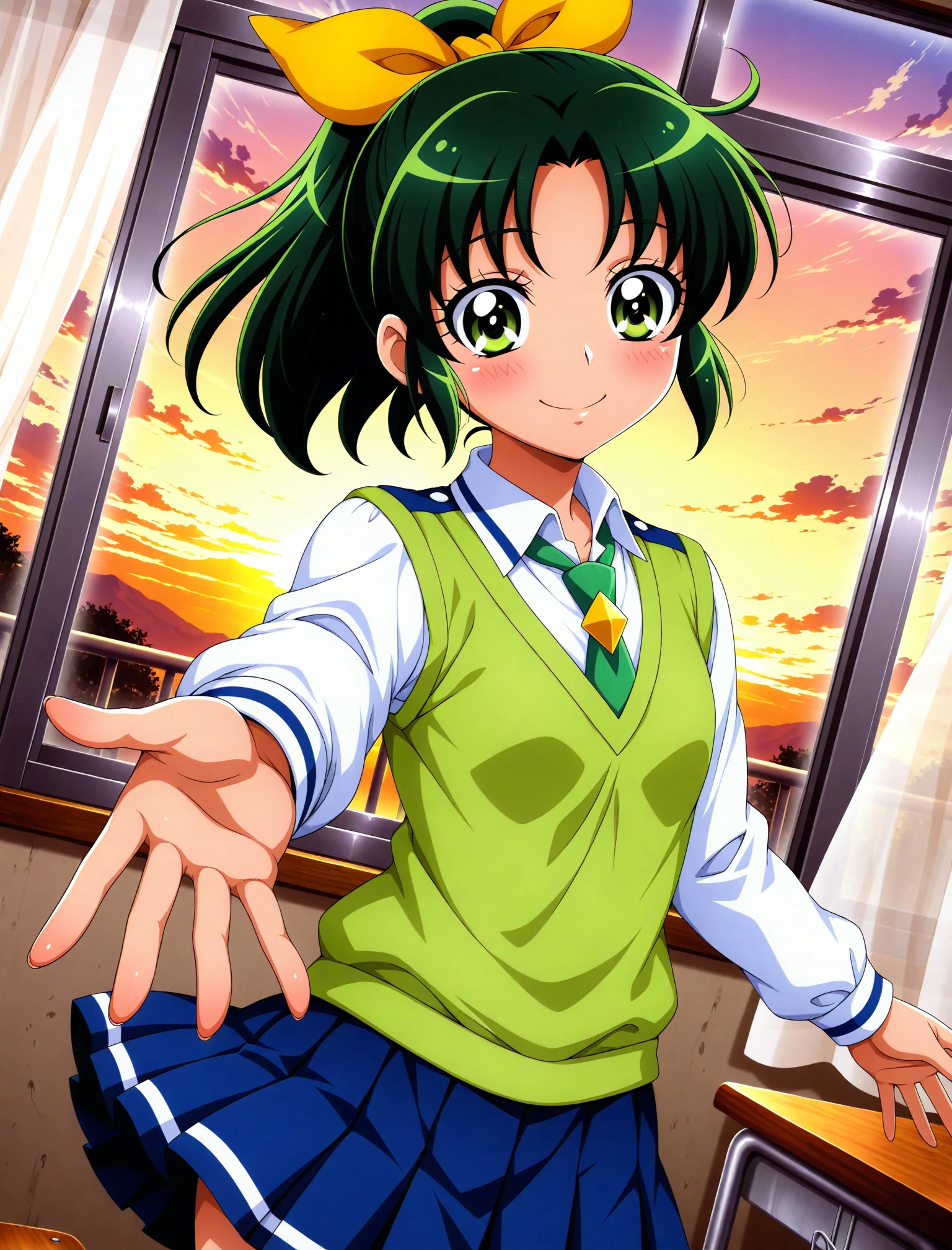 official style,
1girl, solo,
midorikawa nao, smile precure!, green hair, green eyes, ponytail, hair ribbon, nanairogaoka middle school uniform, green necktie, green sweater vest, dutch angle, posing, blush, imminent hug, incoming hug, sunset, school classroom, window, curtain, wind, masterpiece, best quality, amazing quality, very aesthetic, absurdres