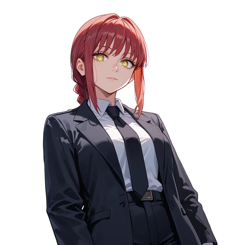 score_9, score_8_up, score_7, 4K definition, high defitinition, best quality, master piece, great artist, good coloring, good shadows, highly detailed, dynamic angle,  1girl, solo, makima, ringed eyes, braided ponytail,  looking at viewer, necktie, black jacket, pants, red hair, shirt, white background, yellow eyes <lora:Makima:1>