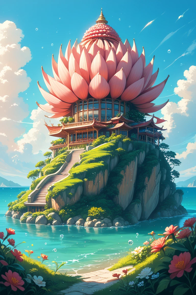 score_9, score_8_up, score_7_up, source_anime, rating_safe, day, natural lighting, summer theme, water, water splash, water droplets, fantasy-flower structure focus, Daflower, Daflower_architecture, Nclutter, floating structure, ocean, scenery, intricately detailed illustration, atmospheric perspective, depth of field