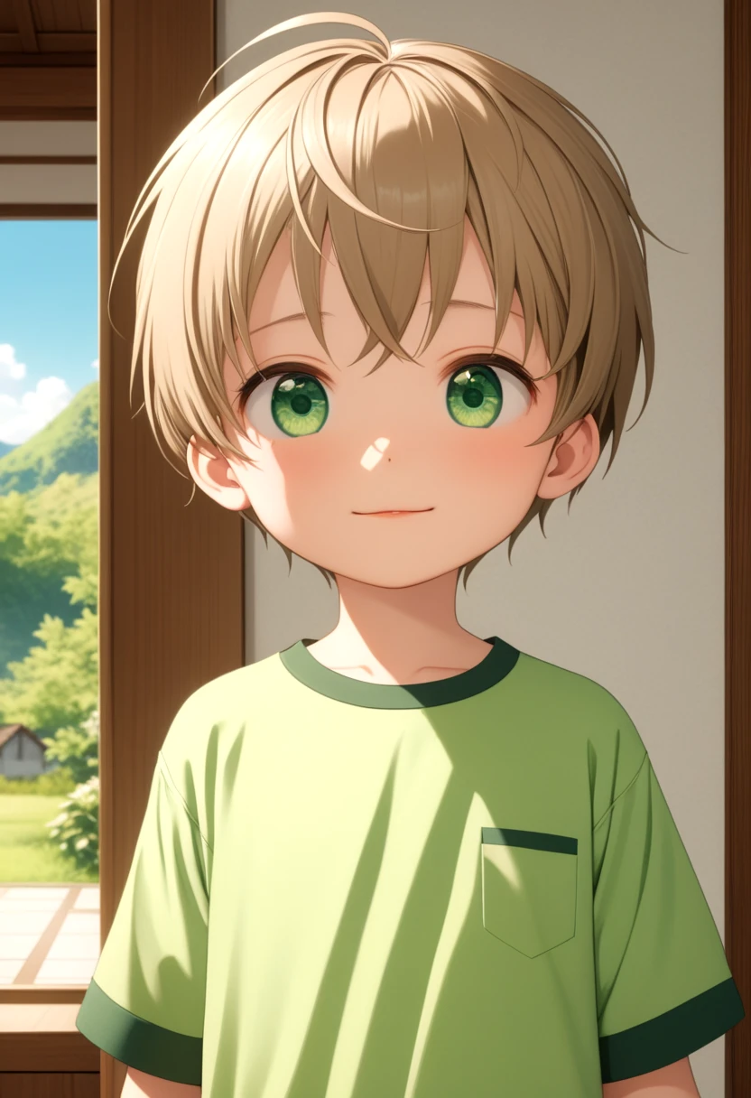 straight on shot, standing,detailed eyes,
inside house, loved face expression,
 <lora:cutifiedanimecharacterdesign_variant_type_F_XL_v10:1>, 1boy, type-f, light brown hair, light green eyes, petite, young, solo, shirt, aged down, mischievous smile,
(masterpiece:1.2), best quality, high resolution, unity 8k wallpaper, (illustration:0.8), (beautiful detailed eyes:1.6), extremely detailed face, perfect lighting, extremely detailed CG, (perfect anatomy),