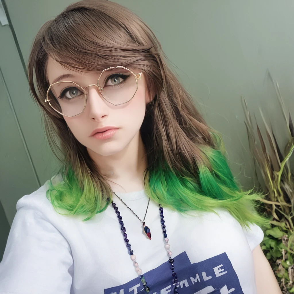 masterpiece, best quality,   <lora:Goosaphone_v2:1>,g00saph0n3, 1girl, solo, multicolored hair, green hair, necklace, long hair, green eyes, looking at viewer, lips, realistic, upper body, t-shirt, brown hair, round glasses, side-swept bangs