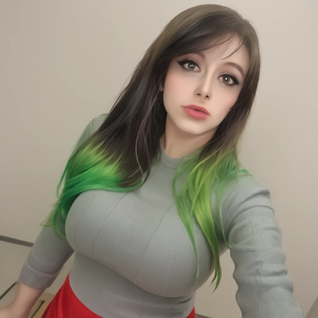 masterpiece, best quality,   <lora:Goosaphone_v2:1>, g00saph0n3, 1girl, skirt, breasts, solo, long hair, large breasts, multicolored hair, red skirt, looking at viewer, green hair, black hair,  grey sweater,realistic, sweater, green eyes, lips, upper body