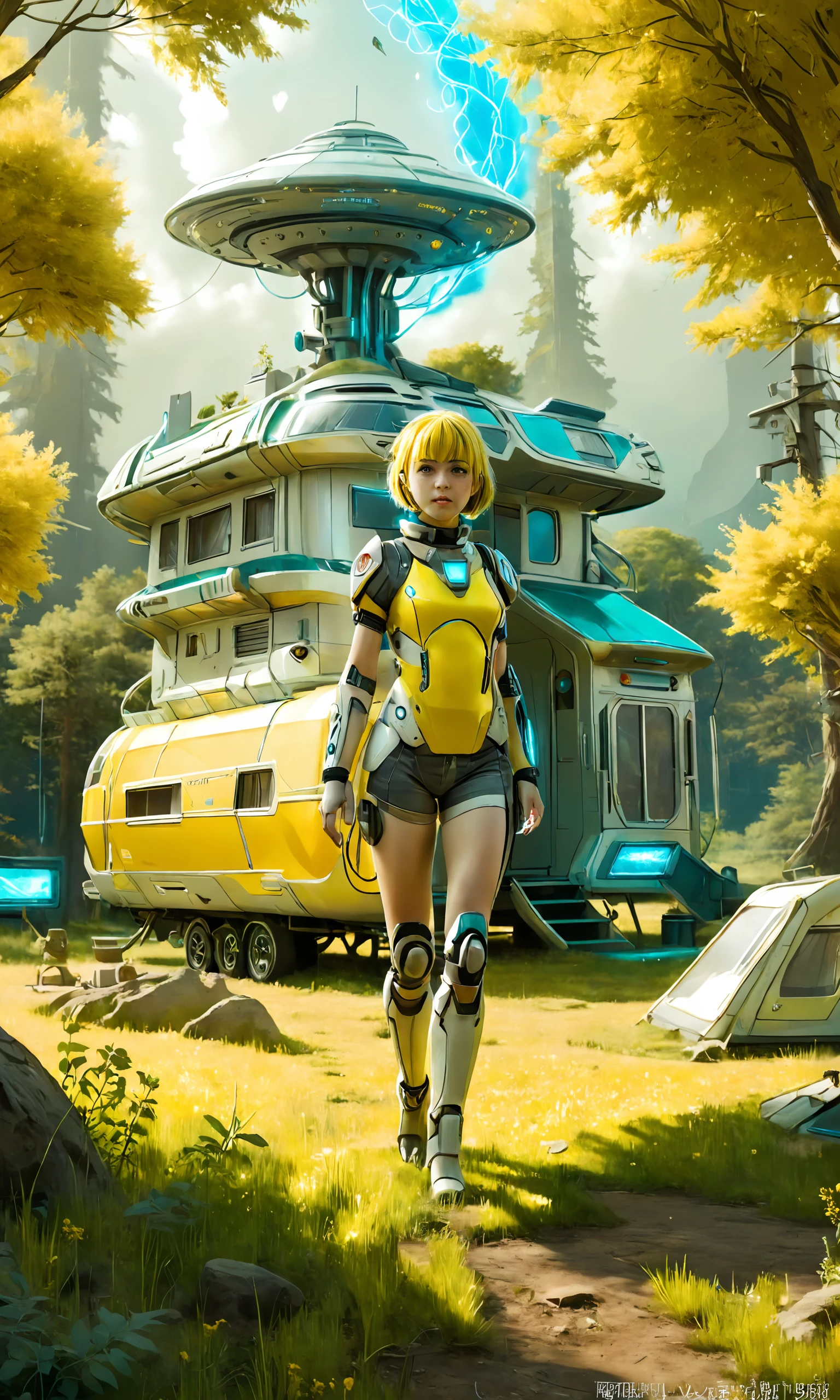 sci-fi style anime key visual, Magewave, masterpiece,1girl, inside of a 1900'S Campground, grass, at Midday, Energetic, fairy tale, electric yellow lighting, Velvia, underpainting, Gold splash . futuristic, technological, alien worlds, space themes, advanced civilizations , sci-fi fantasy acrylic painting , photoshop thick acrylic brushes, goldenrod and matte slate cyan color scheme, sci-fi landscape, 16k <lora:vor_sci-fi.v1.sdxl.lora:1>