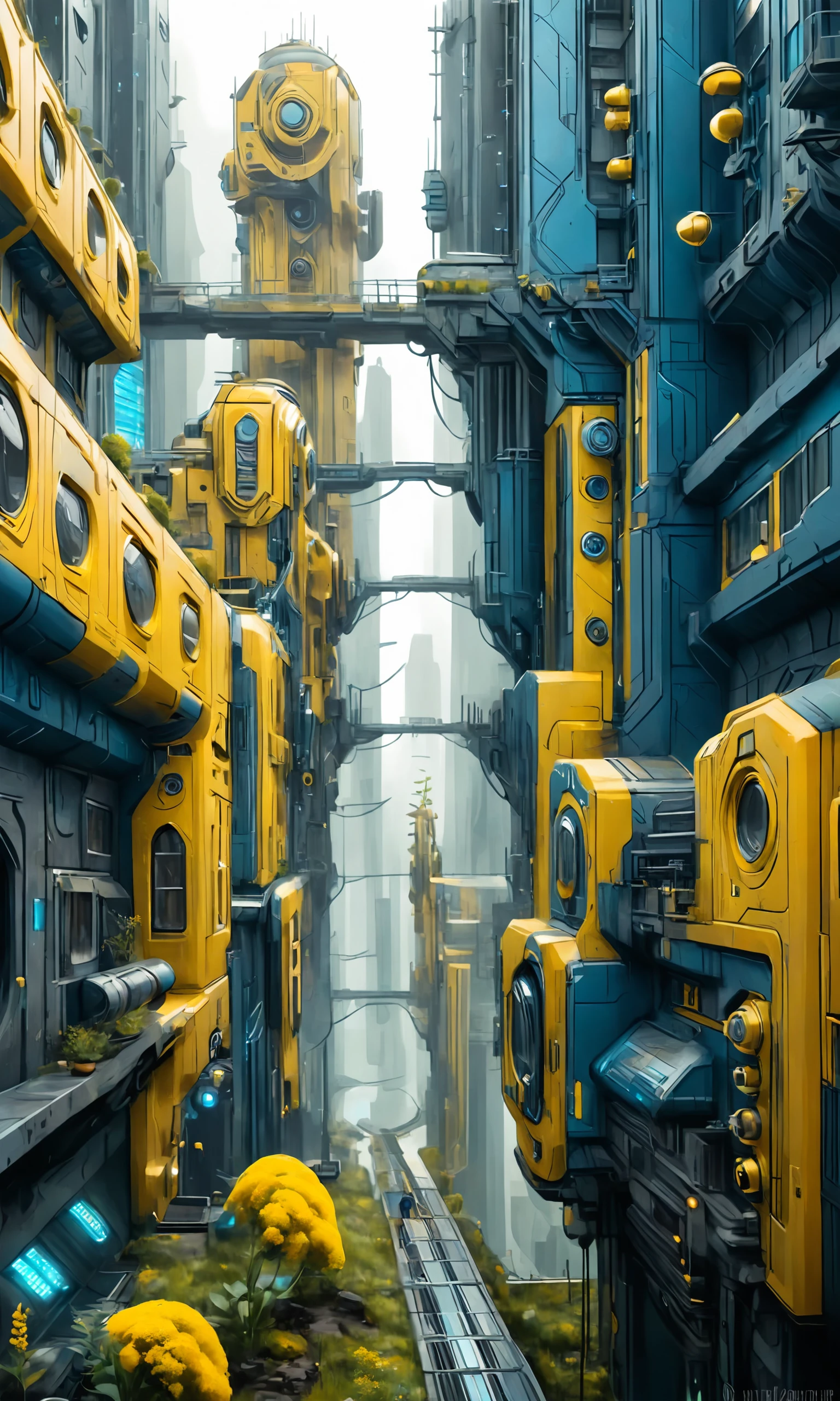 sci-fi fantasy acrylic painting of a Illusory Metropolis , photoshop thick acrylic brushes, goldenrod and matte slate blue color scheme, sci-fi landscape, 16k <lora:vor_sci-fi.v1.sdxl.lora:1>