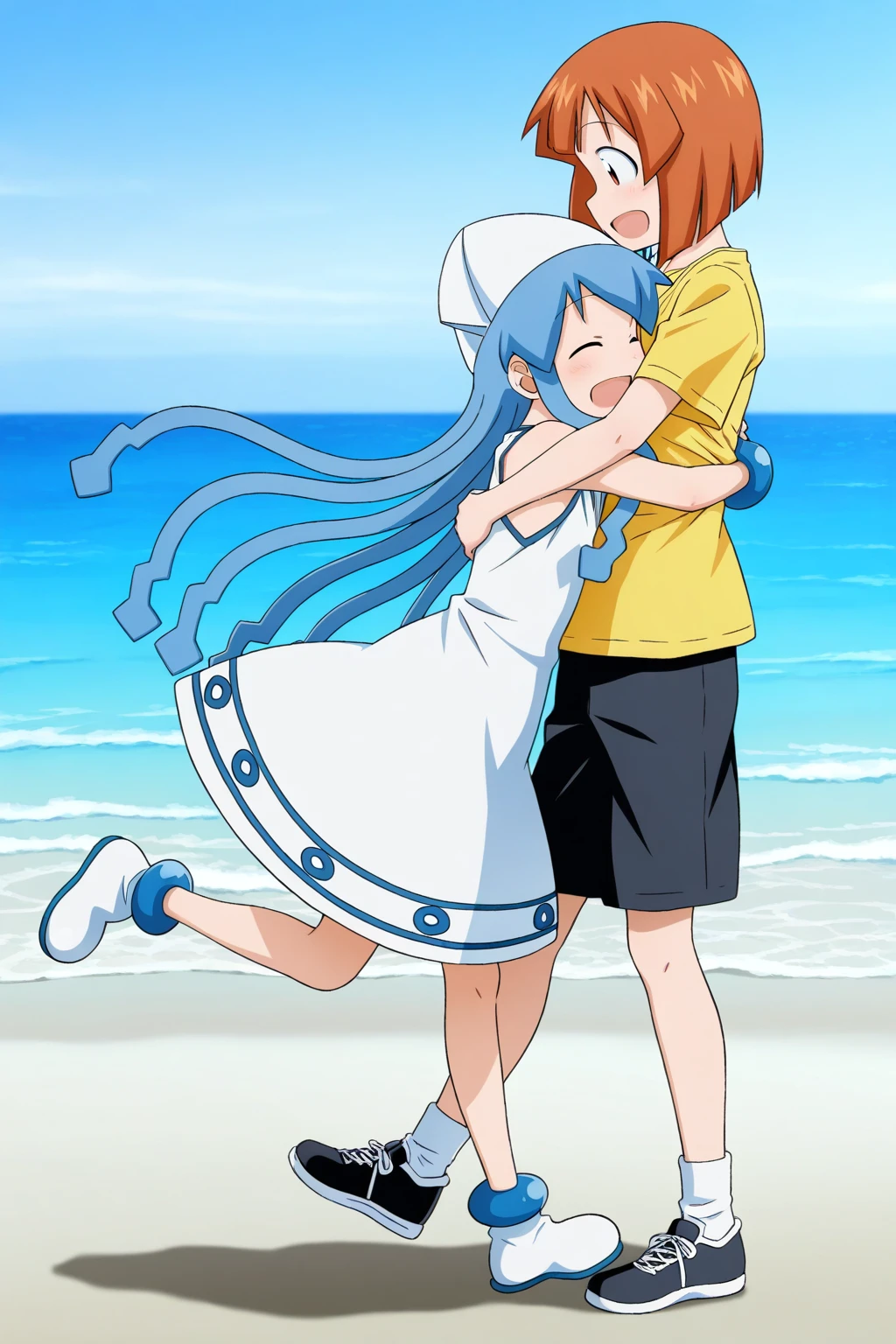 Duo, score_9,score_8_up,score_7_up, (source_furry, an Anthro furry primarina Pokemon girl, pointed snout, round pink nose, naked, pussy, breasts, blue eyes, teal hair, white skin, portrait, in shallow water, at the sea, barefoot, 5 toes, laughing, at a rocky beach, sex, cowgirl sex, she is straddling a human male, males face is cropped out, he is grabbing her thighs