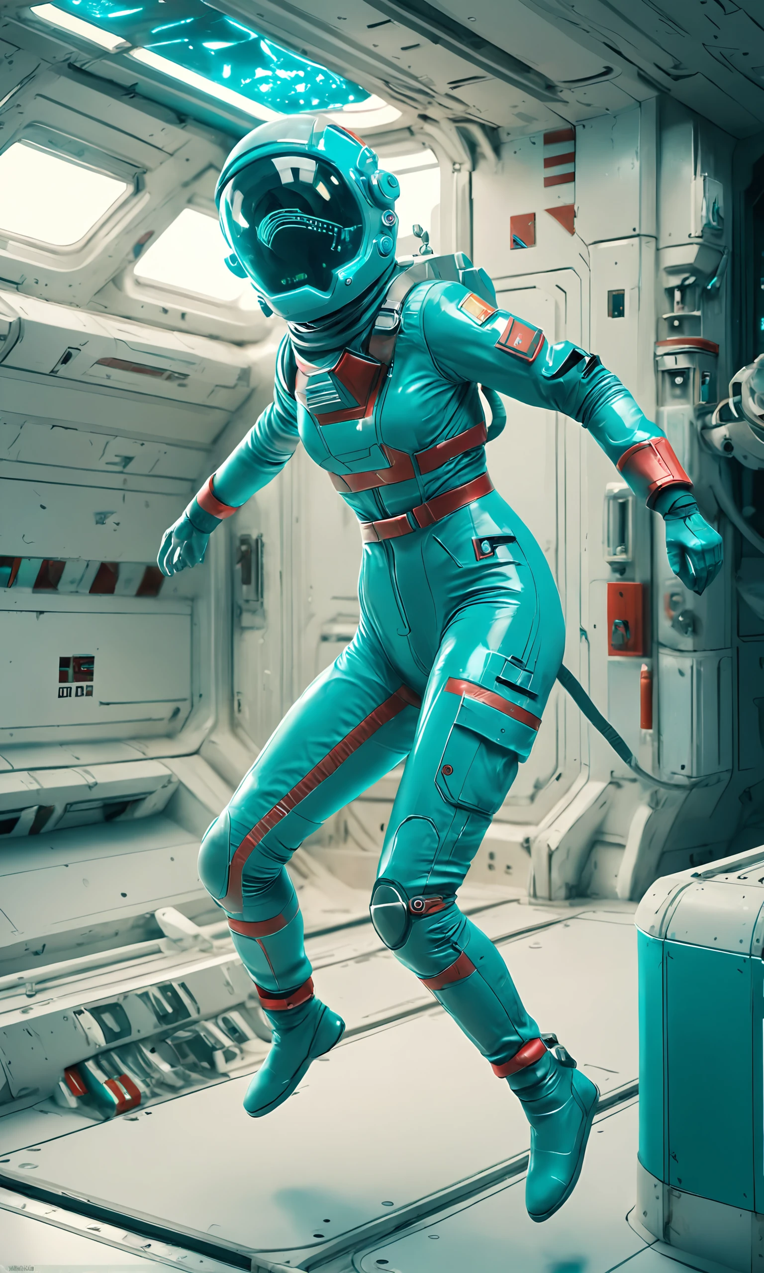 shapely scifi girl in tight space suit jumping, space helmet, action pose, space ray gun, exploring an old space station
red and Turquoise and matte Medium Aquamarine color scheme, sci-fi station, 16k <lora:vor_sci-fi.v1.sdxl.lora:1>