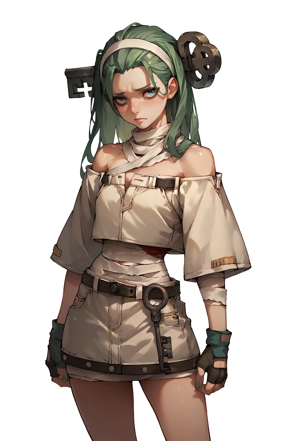 1girl, solo, cowboy shot, white background, long hair, green hair, bandaged, hairband, belt key, off shoulder, skirt, fingerless gloves, object through head <lora:GGS_ABA-PONY:0.8>, score_9, score_8_up, score_7_up, score_6_up,