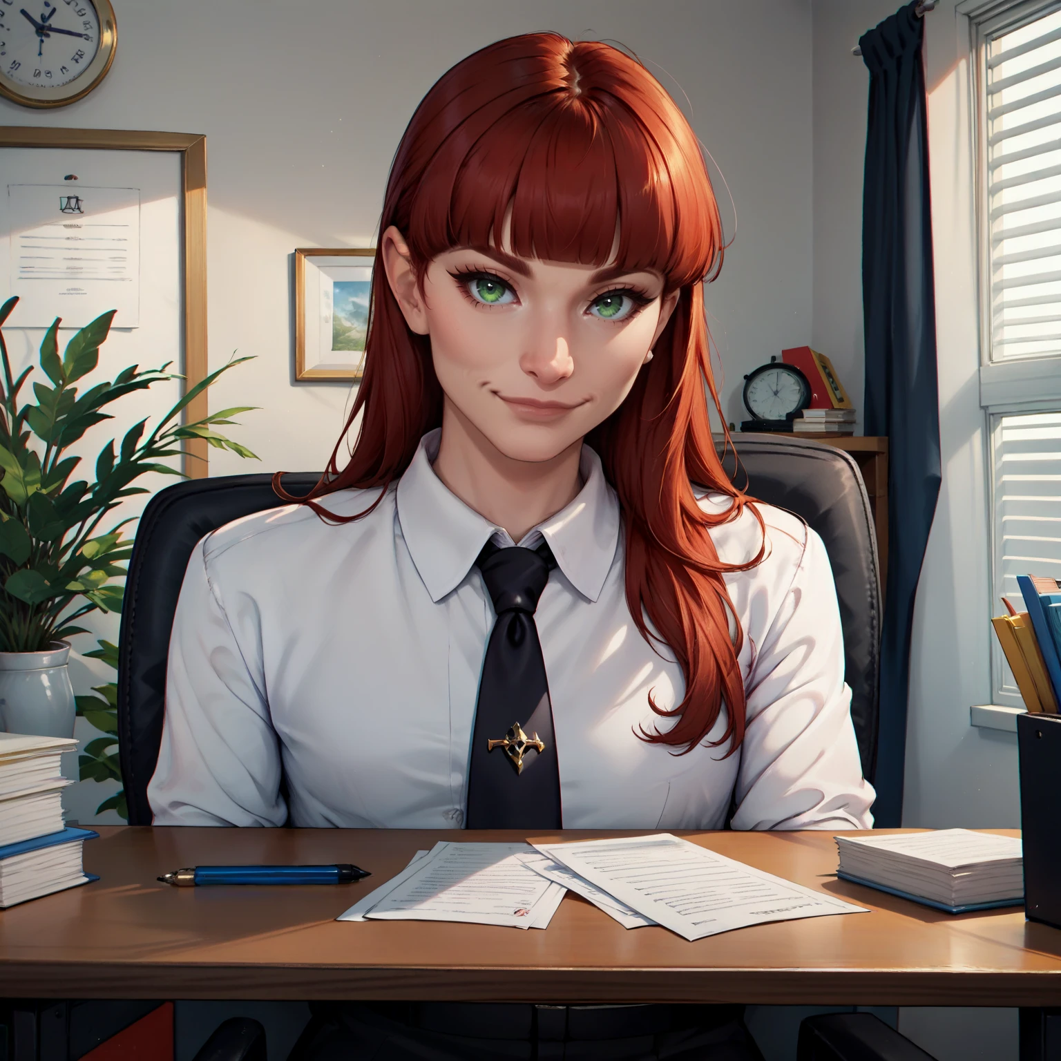 rating_safe, score_9, score_8_up, score_7_up, score_6_up, score_5_up, score_4_up, highres, incredibly absurdres, highly detailed, dim lighting, closed mouth, 1girl, solo, office, indoors, sitting on office chair, pov across table, BREAK, 
natmarlie, long hair, red hair, blunt bangs, bangs, green eyes, looking at viewer, black business suit, necktie, white collared shirt <lora:Natalie_Mars:0.6>