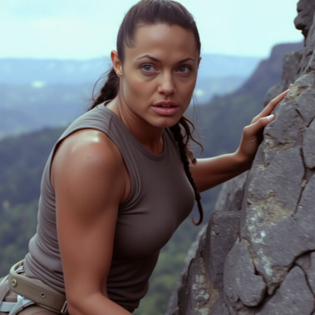 ajlc posed in a dynamic action shot, climbing a mountain, determined facial expression