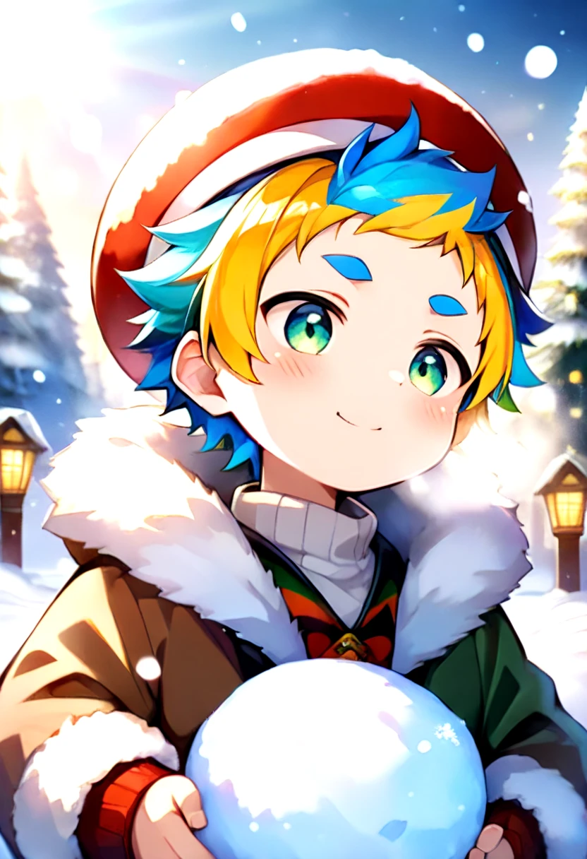 petite, young, solo, child, anime style,
 <lora:cutifiedanimecharacterdesign_variant_type_H_IL_v10:1>
blush, smile, short hair, blonde hair, long sleeves, 1boy, hat, holding, closed mouth, green eyes, blue hair, jacket, upper body, male focus, multicolored hair, outdoors, sky, solo focus, virtual youtuber, blurry, aqua eyes, sweater, tree, streaked hair, fur trim, thick eyebrows, snow, snowing, white sweater,