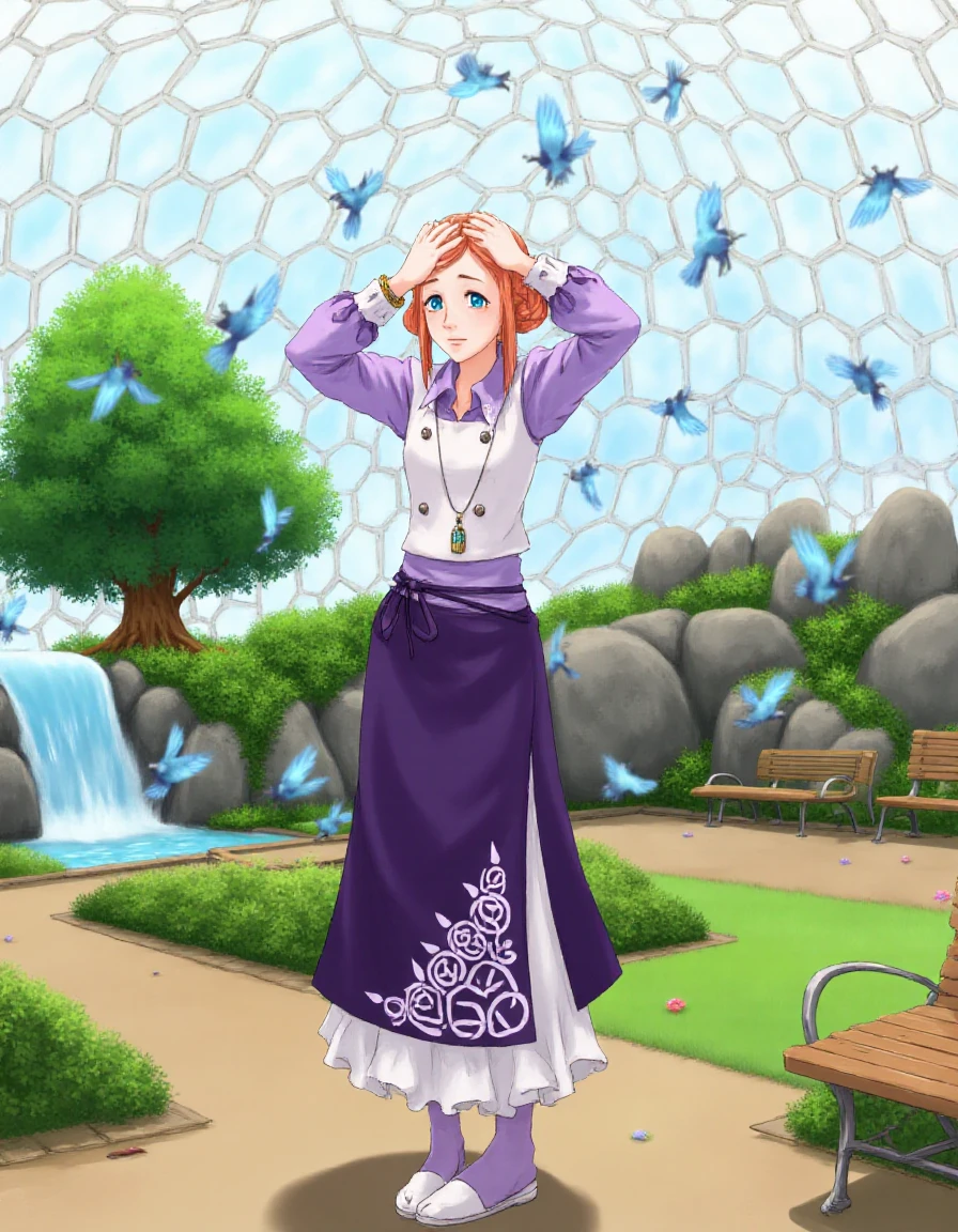 <lora:Luna_VLR_Flux:1.0>, VLR anime style.  location:VLR:garden. Bluebirds fly around a garden as Luna stands amid them. Luna has droopy blue eyes and thin eyebrows. Luna's coral orange hair is tied in a bun with a braid and with two long strands on each side of her face in the front, accompanied with short, side-swept bangs. Luna wears a light purple, long-sleeved blouse under a white vest and a long, dark purple skirt with a white geometric design near the bottom. The skirt is tied around her waist with a ribbon. She also has purple stockings and white slippers. She wears a large bracelet on her left wrist. Her necklace is a caged bluebird.  Luna stands in embarrassment. Luna looks embarrassed as she holds her hands to her forehead, her elbows bent and upper arms raised. Luna stands perfectly still as a group of bluebirds fly past her. The background is a bright, outdoorsy place with a wooden bench behind Luna and another wooden bench to the right. The background is a garden scene with a large tree and a small waterfall to the left. There is a large rock wall with a large rock outcropping to the right. The background is inside of a clear domed structure with a repeating pattern of large six sided glass panels in the ceiling and wall.