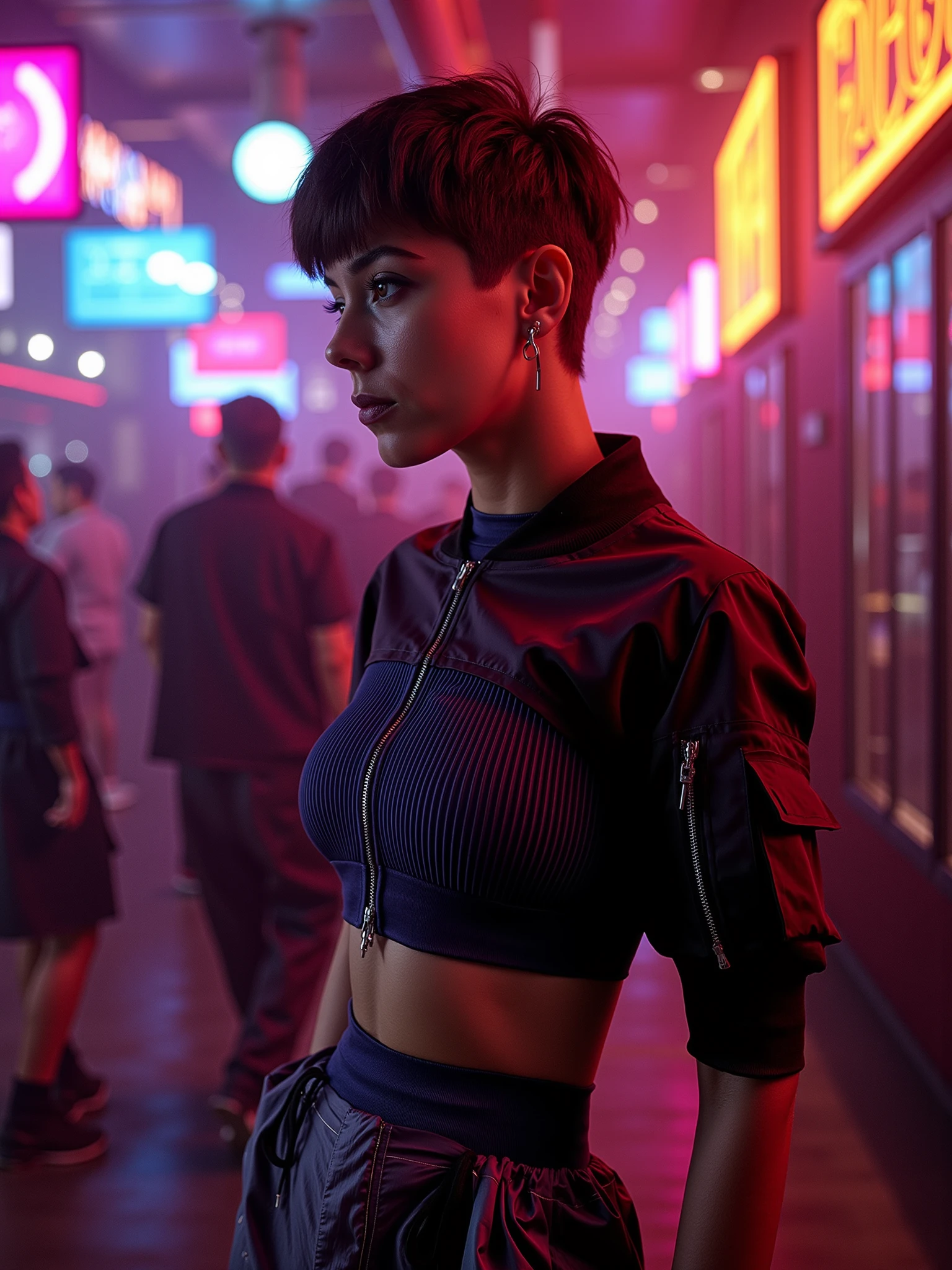 mad-cbrpnkjckt01, woman wearing croptop and shrugs,  skirt, pixie cut, short hair, chocolate, cyberpunk nightclub <lora:Cyberpunk_Jacket_01_FLUX:1.2>