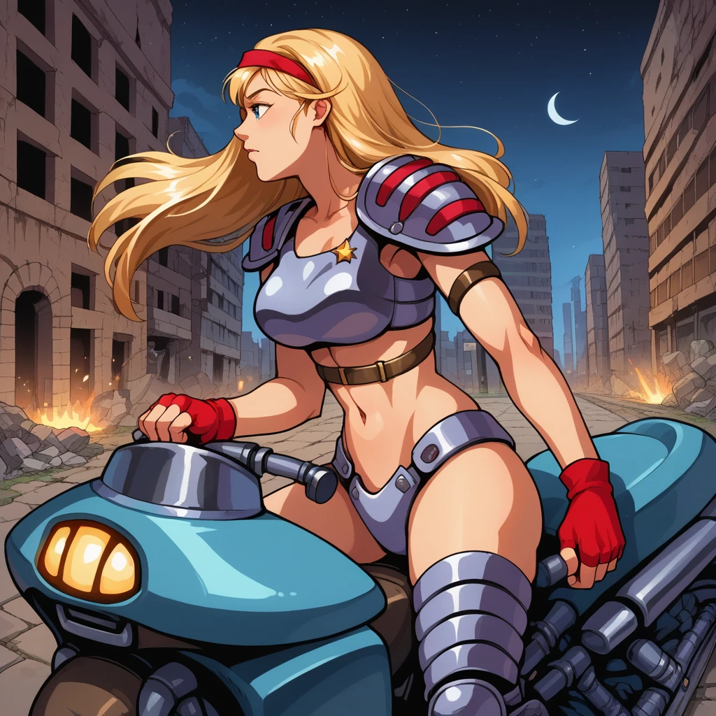 score_9, score_8_up, score_7_up, BREAK best quapoty, absurdres, highres, source_anime, <lora:PDXL_SheenaCHC-000010:1> SheenaCHC, city background, ruins, destroyed buildings, night, stars, 1girl, fingerless gloves, hairband, breastplate, bikini armor, navel, belts, kneepad, pauldrons, riding, profile, side view, on motorcycle