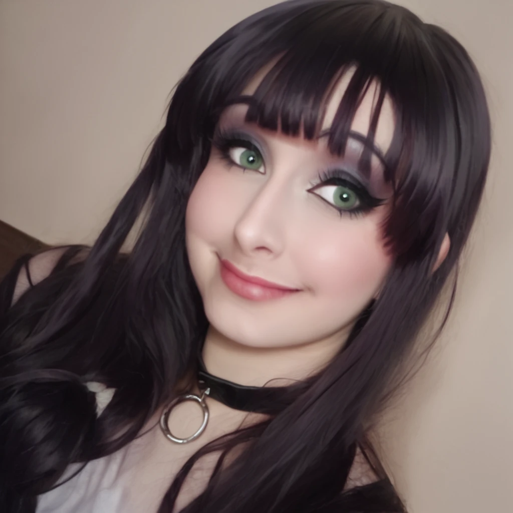 masterpiece, best quality,   <lora:Goosaphone_v2:1>,g00saph0n3, 1girl, solo, choker, long hair, looking at viewer, smile, black hair, black choker, bangs, closed mouth, makeup, green eyes, dutch angle, portrait, realistic, lips