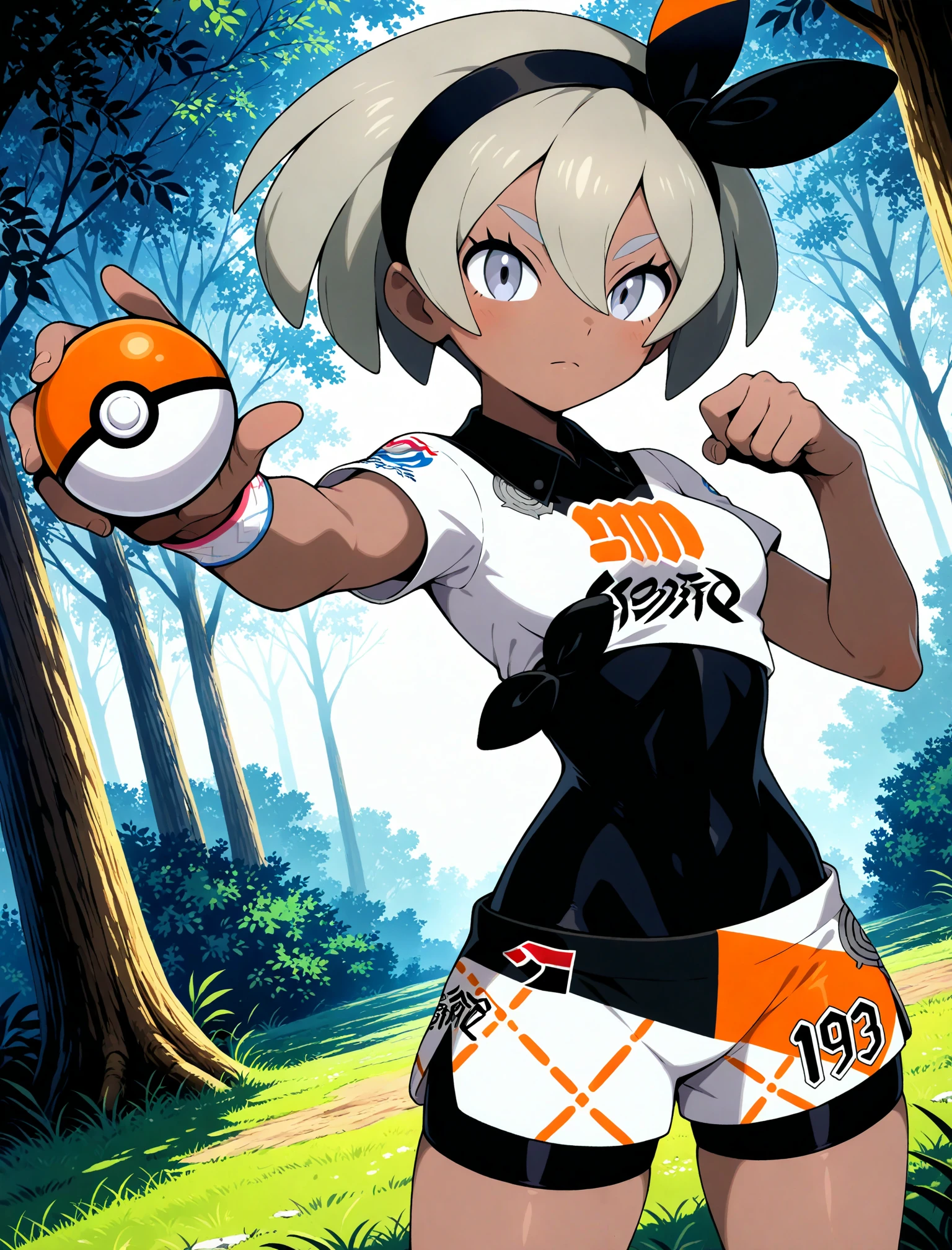 (sugimori ken \(style\):0.5), official style,
1girl, solo, 
bea \(pokemon\), pokemon swsh, grey hair, grey eyes, white shirt, short sleeves, black bodysuit, tied shirt, white shorts, 
dutch angle, posing, holding poke ball, official art, sunny outdoors, grass, forest, masterpiece, best quality, amazing quality, very aesthetic, absurdres