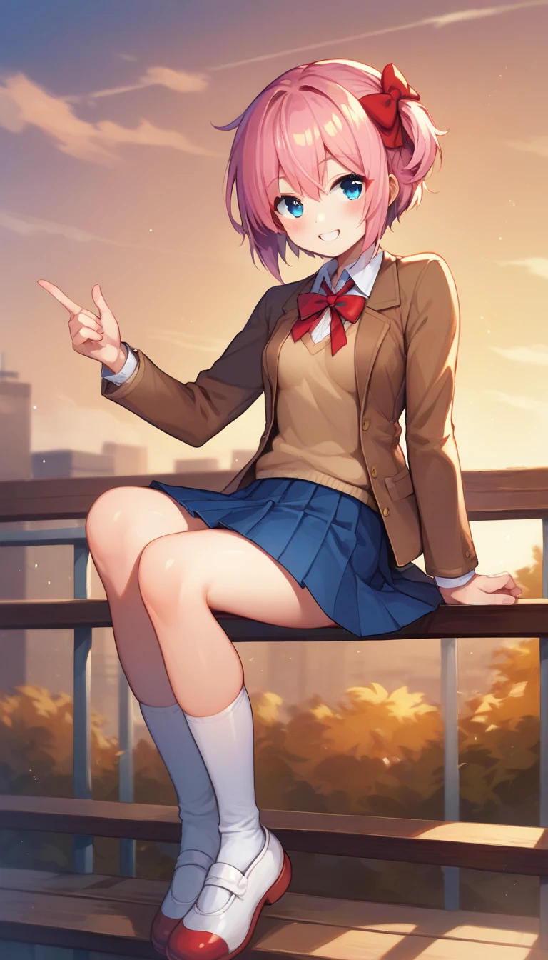 score_9,score_8_up,score_7_up,score_6_up BREAK official art,solo,outdoors,upper body,(portrait:1.5),looking at viewer,facing viewer,smile,blush,Sayori,short hair,pink hair,hair bow,red bow,hair between eyes,parted bangs,blue eyes,school uniform,brown jacket,blazer,wing collar,neck ribbon,red ribbon,brown sweater vest,white shirt,collared shirt,long sleeves,small breasts,skindentation,miniskirt,blue skirt,pleated skirt,white socks,uwabaki,white footwear,<lora:Sayori(ddlc)-Pony:1.8>,