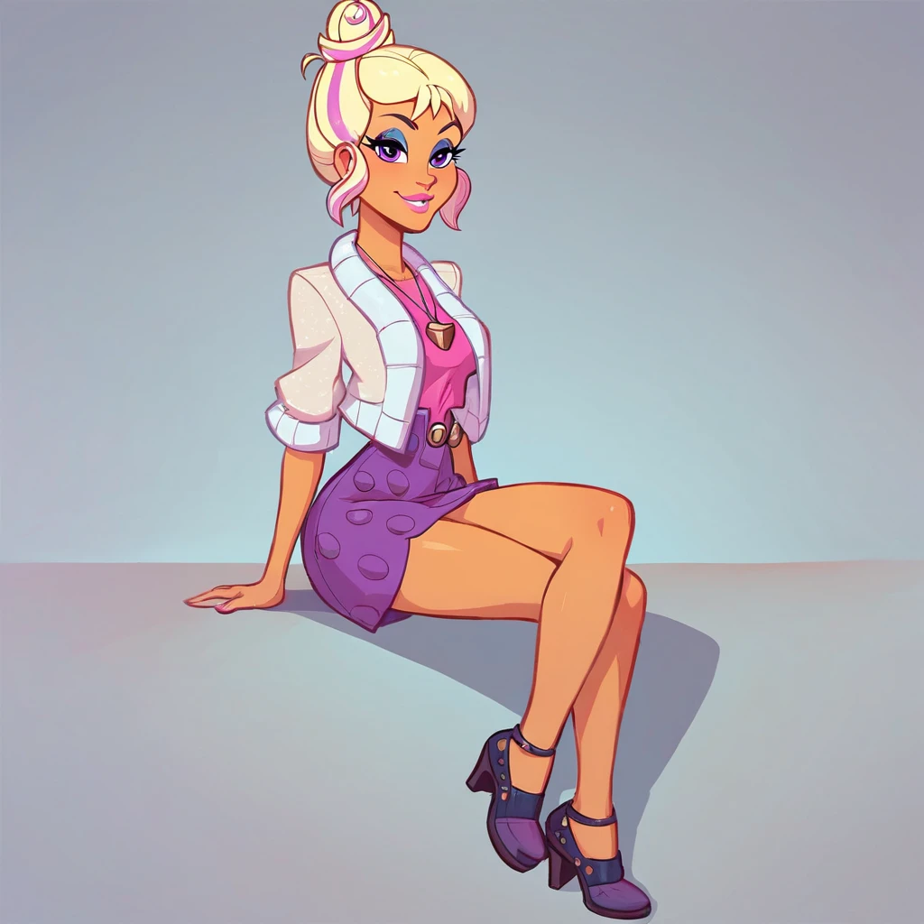 score_9, score_8, score_7, chestnut magnifico, blonde hair, hair bun, chestnut necklace, purple skirt, cowboy shot, pose, eyeshadow, pink lips, lipstick, smile, white overcoat, shoes, looking at viewer, sitting, full body, best quality, hd, highly detailed