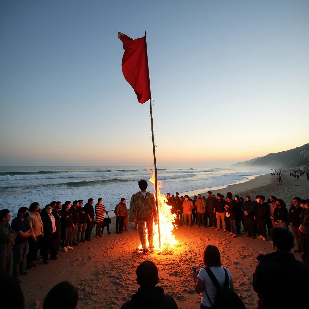 Imagine an image in cinematic photorealism: A sprawling beach protest at dusk, where a red flag burns on a tall wooden pole as waves crash in the distance. Nearby, a group of masked protesters gathers around a faceless straw effigy wearing a business suit set ablaze. The golden light of the fire contrasts with the cool tones of the ocean and the fading sky.