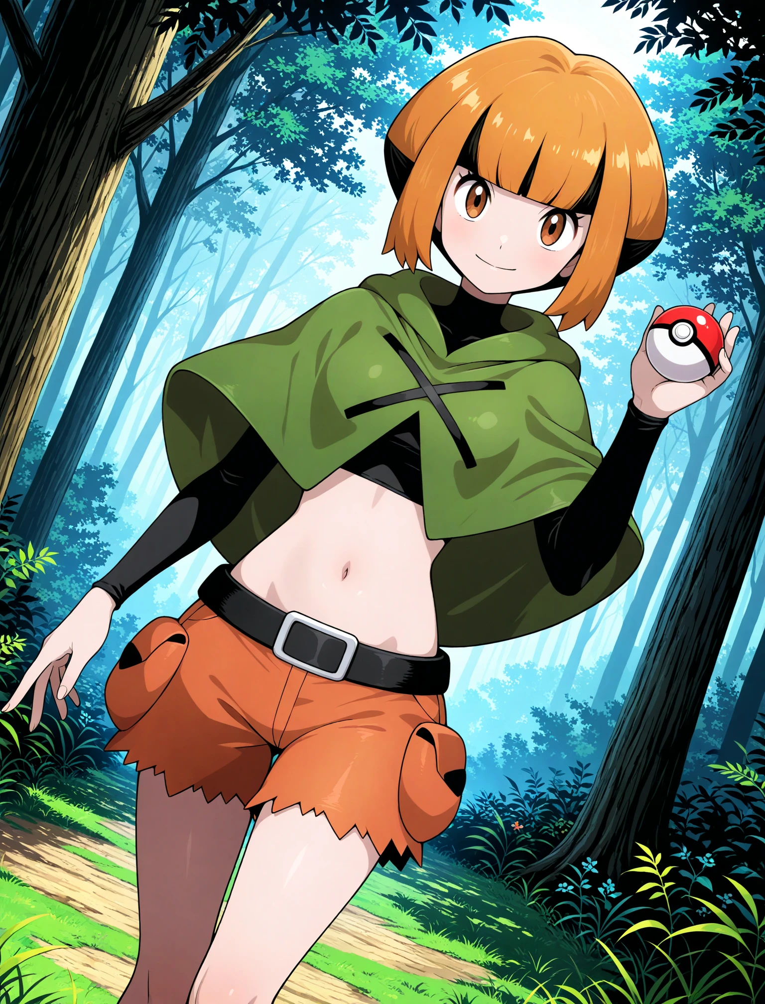 (sugimori ken \(style\):0.5), official style,
1girl, solo, 
gardenia \(pokemon\), pokemon dppt, orange hair, brown eyes, multicolored hair, green cape, crop top, orange shorts, navel, black belt,long sleeves, 
dutch angle, posing, holding poke ball, official art, sunny outdoors, grass, forest, masterpiece, best quality, amazing quality, very aesthetic, absurdres