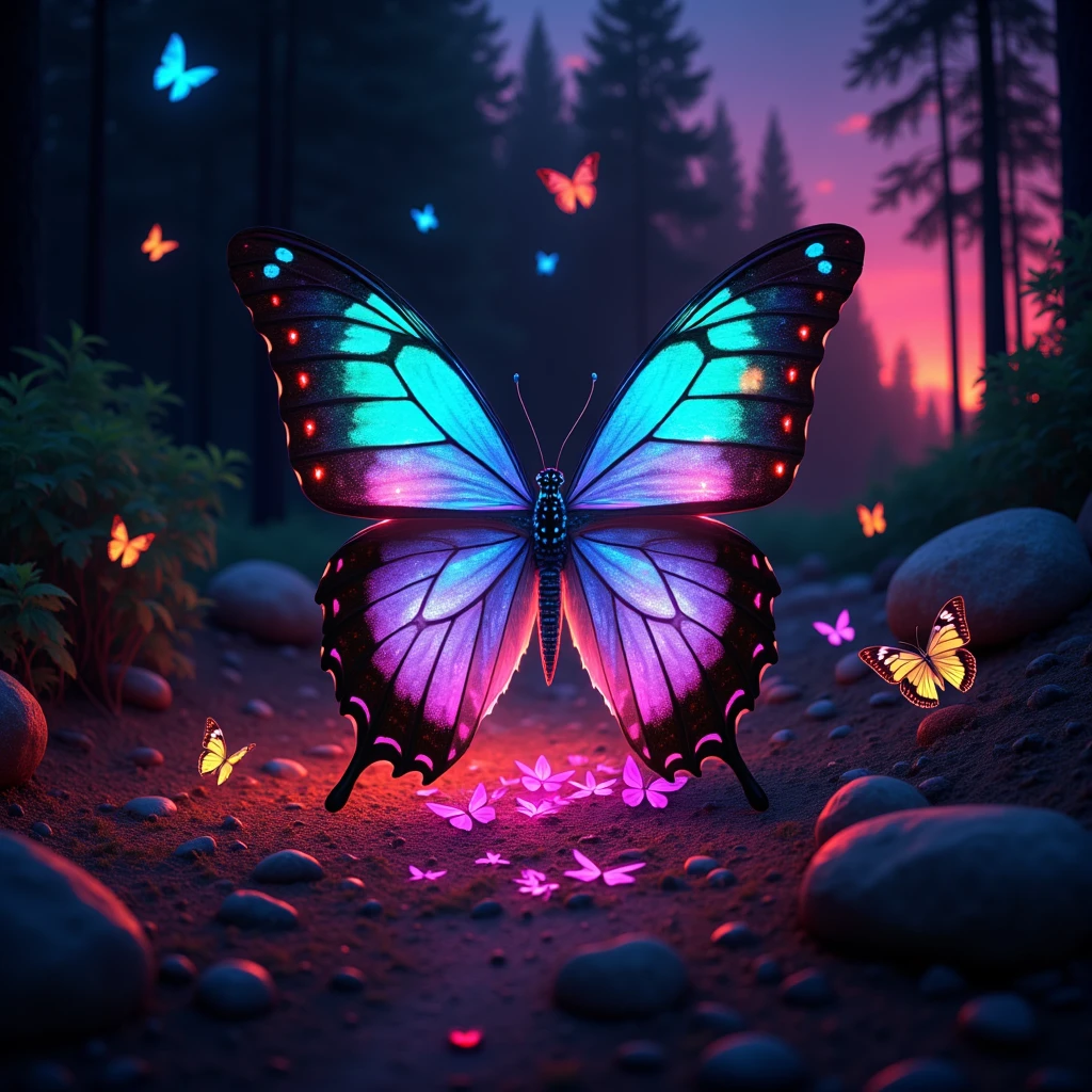 Vivid vibrant color style,many butterflys,night light fantasy,realistic,shadow below,reflection,realistic,nature background,