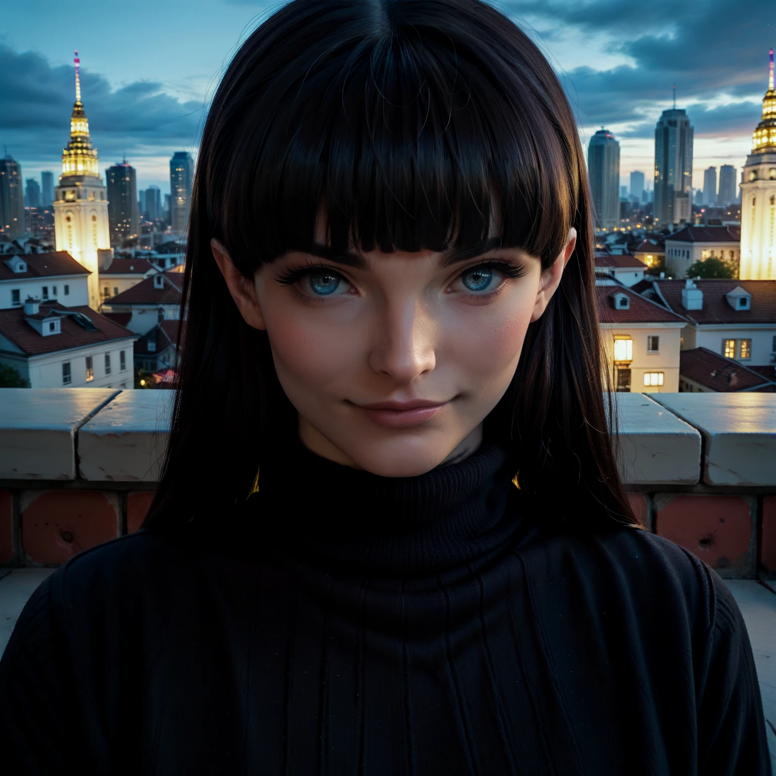 rating_safe, score_9, score_8_up, score_7_up, score_6_up, score_5_up, score_4_up, highres, incredibly absurdres, highly detailed, dim lighting, closed mouth, 1girl, solo, outdoors, cityscape, BREAK, 
natmarlie, long hair, black hair, blunt bangs, bangs, blue eyes, looking at viewer, black turtleneck sweater, long sleeves <lora:Natalie_Mars:0.6>