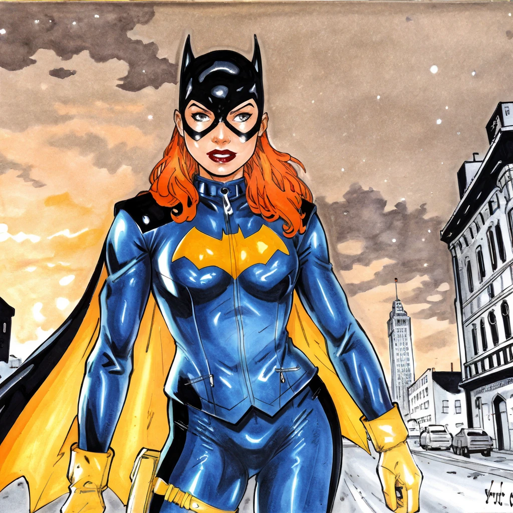 <lora:vagner_pony_v1:1> score_9, vagner_style, vagner, source_artwork, marker (medium), traditional media <lora:batgirlburnside_pony_v1:0.8> BatgirlBurnside, 1girl, cape, domino mask, bodysuit, gloves, superhero, orange hair, cowboy shot
