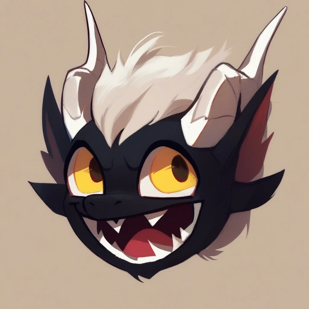 score_9, score_8, mikus-concept, face, smiling, wide grin, big eyes, only head. black fur, dragon, white horns, white hair, yellow eyes