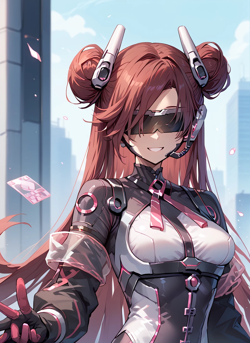 score_9_up, score_8_up, score_7_up,score_6_up,score_5, high quality,
<lora:Backup operator v1:0.9>Backup operator,1girl,  Head-mounted displayï¼neckwear. red hair, bodysuit, gloves,  very long hair, breasts, hair bun,  Hair accessories.
standingã
smile <lora:add-detail-xl:0.5> <lora:HandFixer_pdxl_Incrs_v1:0.8>