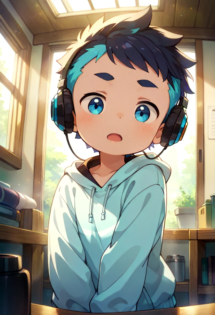 petite, young, solo, child, anime style,
 <lora:cutifiedanimecharacterdesign_variant_type_H_IL_v10:1>
type-h,  solo, looking at viewer, blush, short hair, open mouth, blue eyes, long sleeves, 1boy, dark blue hair, male focus, multicolored hair, indoors, hood, two-tone hair, window, hoodie, headphones, thick eyebrows, bookshelf