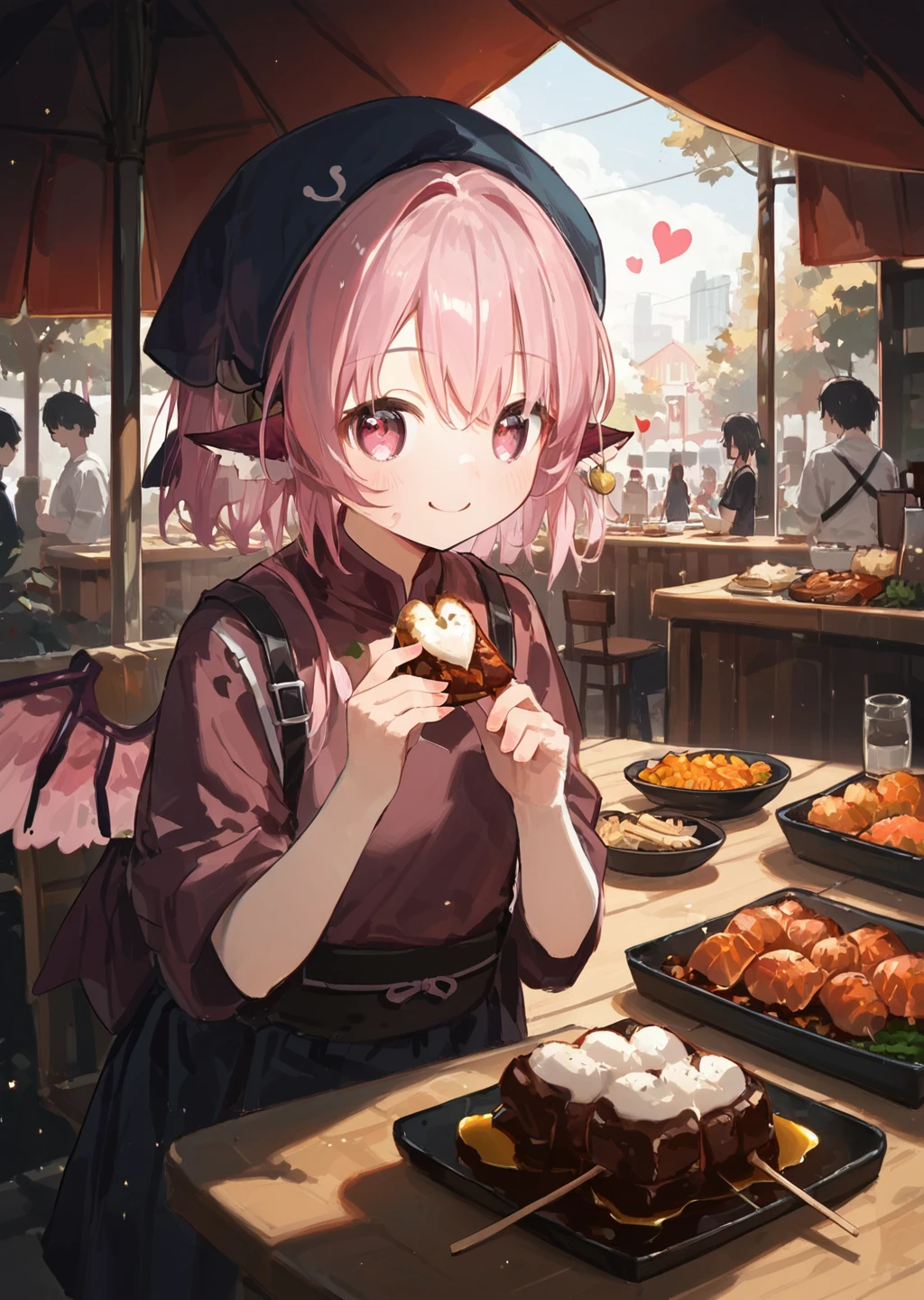 score_9, score_8_up, score_7_up, score_6_up, score_5_up, score_4_up, detailed, front view,  internal view, cute female mysti4, street food, in love, hearts in eyes, smiling, source_anime <lora:Mystia Lorelei _ Okamisty (Izakaya Outfit) (Touhou Project) [Pony]_epoch_12:1> mysti4, izakaya_outfit, 1girl, pink hair, animal ears, wings