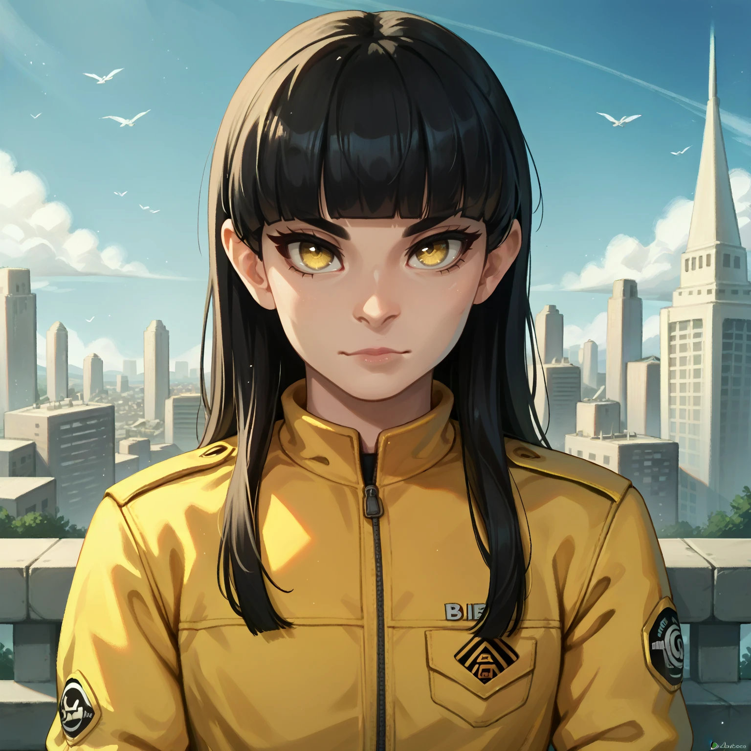 rating_safe, score_9, score_8_up, score_7_up, score_6_up, score_5_up, score_4_up, highres, incredibly absurdres, highly detailed, dim lighting, closed mouth, 1girl, solo, outdoors, cityscape, BREAK, 
natmarlie, long hair, black hair, blunt bangs, bangs, yellow eyes, looking at viewer, yellow jumpsuit <lora:Natalie_Mars:0.6>