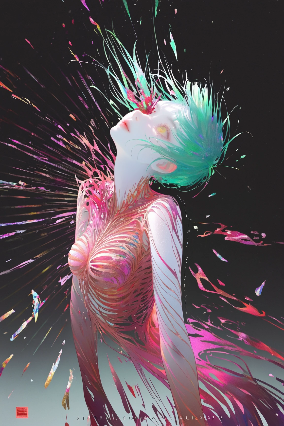 monmon2133, (vibrant colours, saturated, cinematic lighting, ornate, complex patterns)\n1girl, dissolving, melting, crumbling, shards, hidden, wind, stormpastel tones, pink accents, one eye, hidden eye, yellow eye, split, wind, teal hair, white skin, band aids, floating, arched back, white skin, arms at sides\n(nixeu, wlop:0.01)