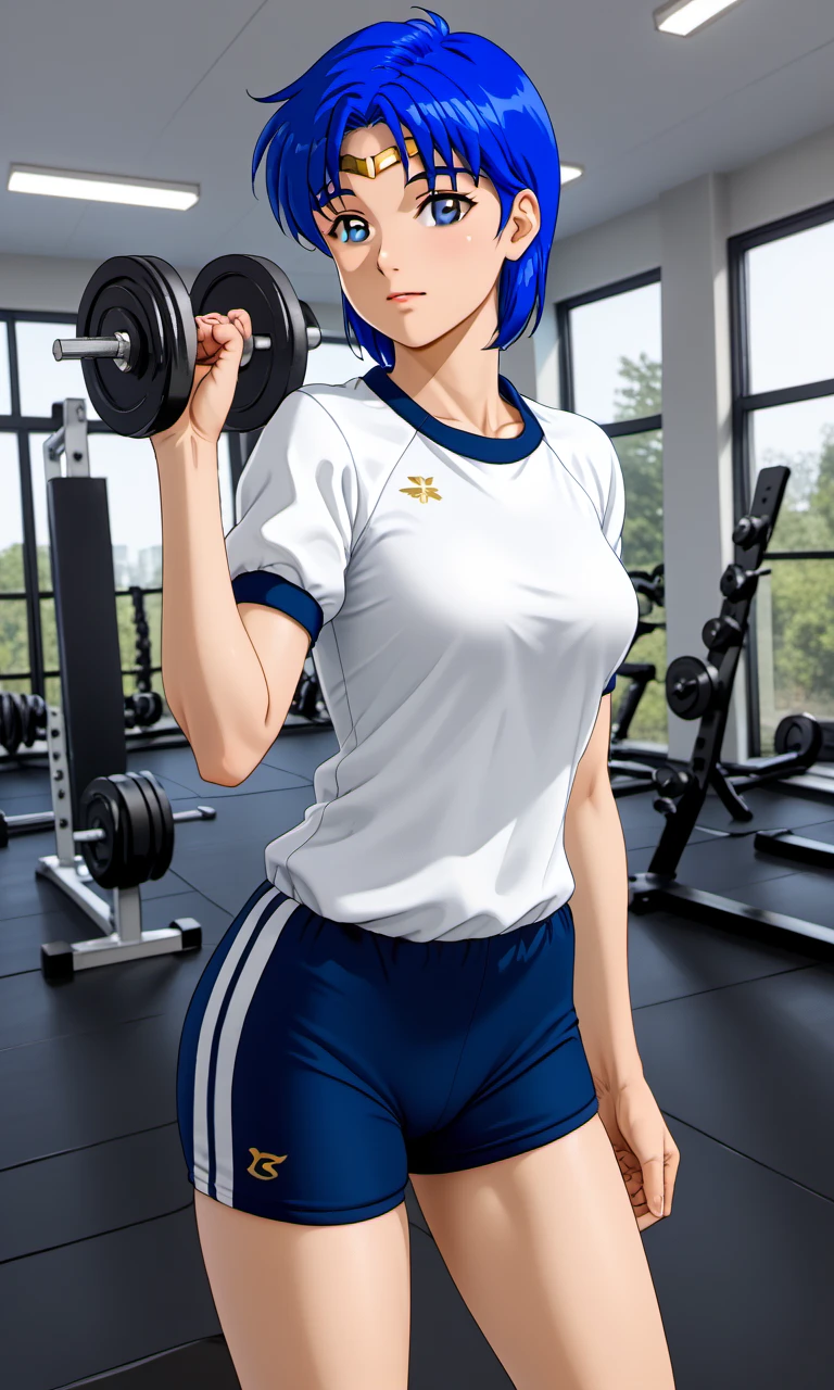 gym, doing exercise, kyratierney, 1girl, grey eyes, blue hair, short hair, gold circlet, gym uniform, 