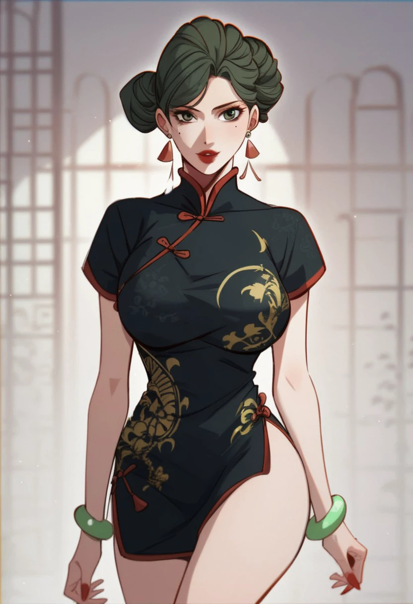 score_9, score_8_up, score_7_up, BREAK, LiuQinger, green hair, single hair bun, green eyes, mole under eye, large breasts, red lips, makeup, red nails, LiuChinese, earrings, bracelet, china dress, dark green dress, print dress, floral print, short dress, short sleeves, 1girl, solo,