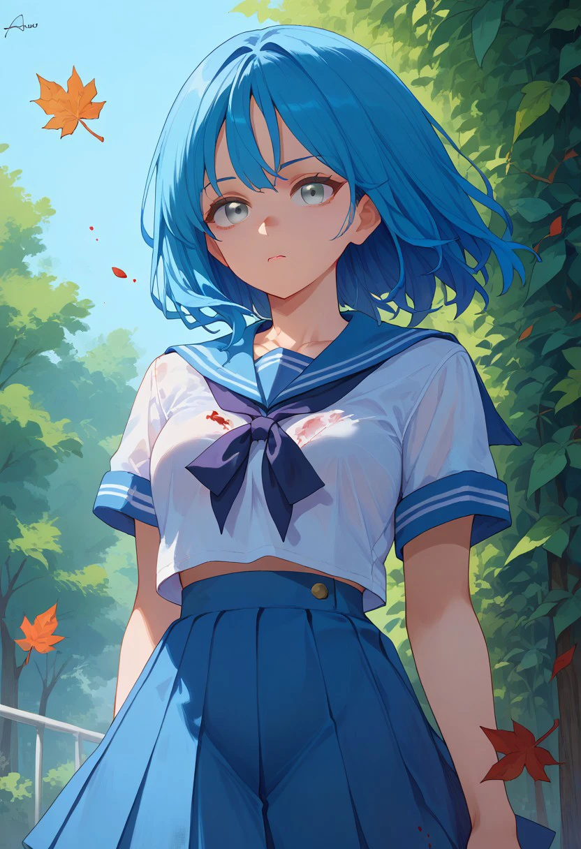 Anime girl, , stands cancer in the field, on the grass, Sunny, Blue hair and eyes, blue skirt, looks at me, back view, pop, ass, Shows butt, shows pussy, She is without panties, Short skirt, when she stood up doggy style her vagina became visible, young vagina, blushed, shy, licks his fingers, her vagina is wet, got excited, vulgar, her breasts are touched