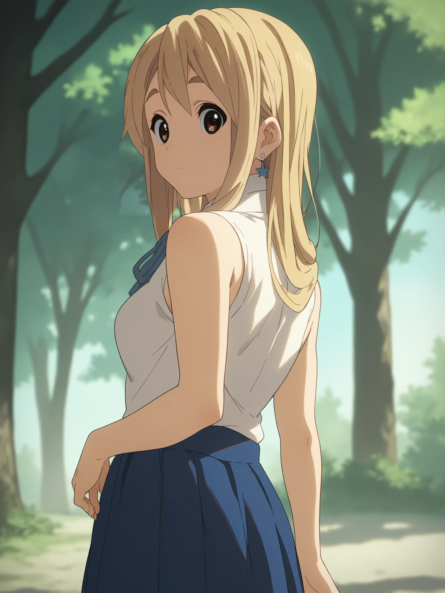 score_9, score_8_up, score_7_up, score_6_up, score_5_up, source_anime, smooth_anime,
Lucy_Heartfilia, 1girl, solo, brown_eyes, blonde_hair, ribbon, hair_ribbon, looking_at_viewer, long_hair, outdoors, jewelry, earrings, breasts, looking_back, sleeveless, blue_ribbon, skirt, shirt, tree, large_breasts, sleeveless_shirt, blue_skirt, long_skirt, day
  <lora:K-On:1>