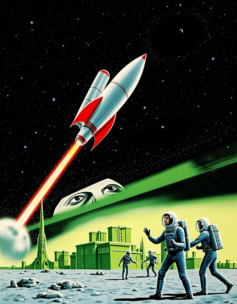 Generation Mode:

flux_txt2img

Positive Prompt:

surreal sci-fi art style of Ed_3mshwiller, sci-fi pulp cover art for a story about a rocket taking off, while the disembodied head of a woman peers through the blackness of space. meanwhile, a green laboratory manufactures science, and spacesuit-wearing figures battle on the airless surface of the moon

Model:

FLUX Dev (Quantized) (FLUX)

VAE:

FLUX.1-schnell_ae (FLUX)

Width:

896

Height:

1152

Seed:

1195937652

Steps:

22

High Resolution Fix Enabled:

false

LoRA:

Ed_Emshwiller_Style (FLUX) - 1