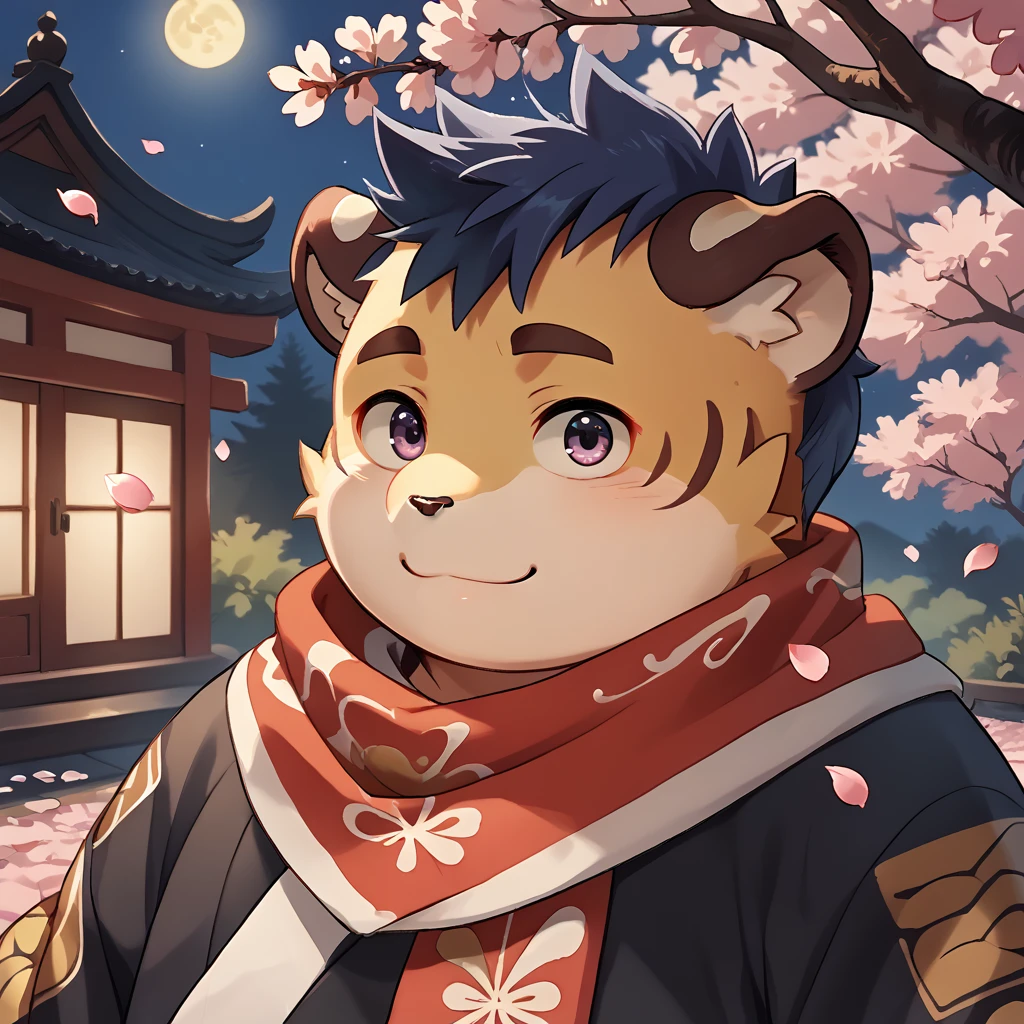 score_9, score_8_up, score_7_up, source_anime, <lora:kai-v4:0.8>, tkai, 1boy, tiger boy, young, fat, solo, portrait, colored scarf, kimono, cherry blossoms, outdoors, night, petals, <lora:Eyes_Lora_Pony_Perfect_eyes:0.3> eye_focus