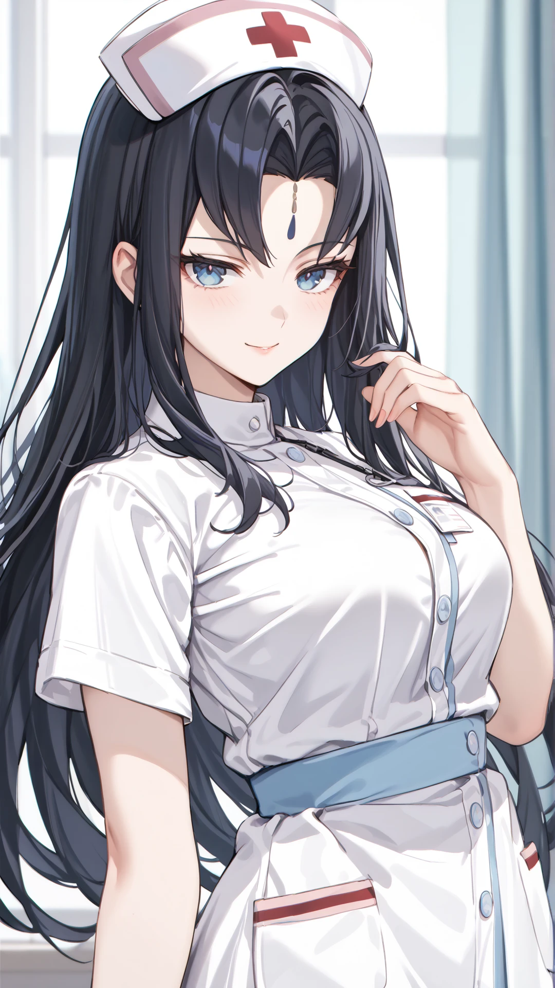 score_9, score_8_up, score_7_up, BREAK source_anime, rating_safe, best quality, masterpiece, uncensored, 1girl, <lora:Misty_Lola_pony_v1.0:1> Mi5ty_l0la,blue eyes,black hair, long hair, large breasts,forehead mark,tsurime,nurse, seductive smile,