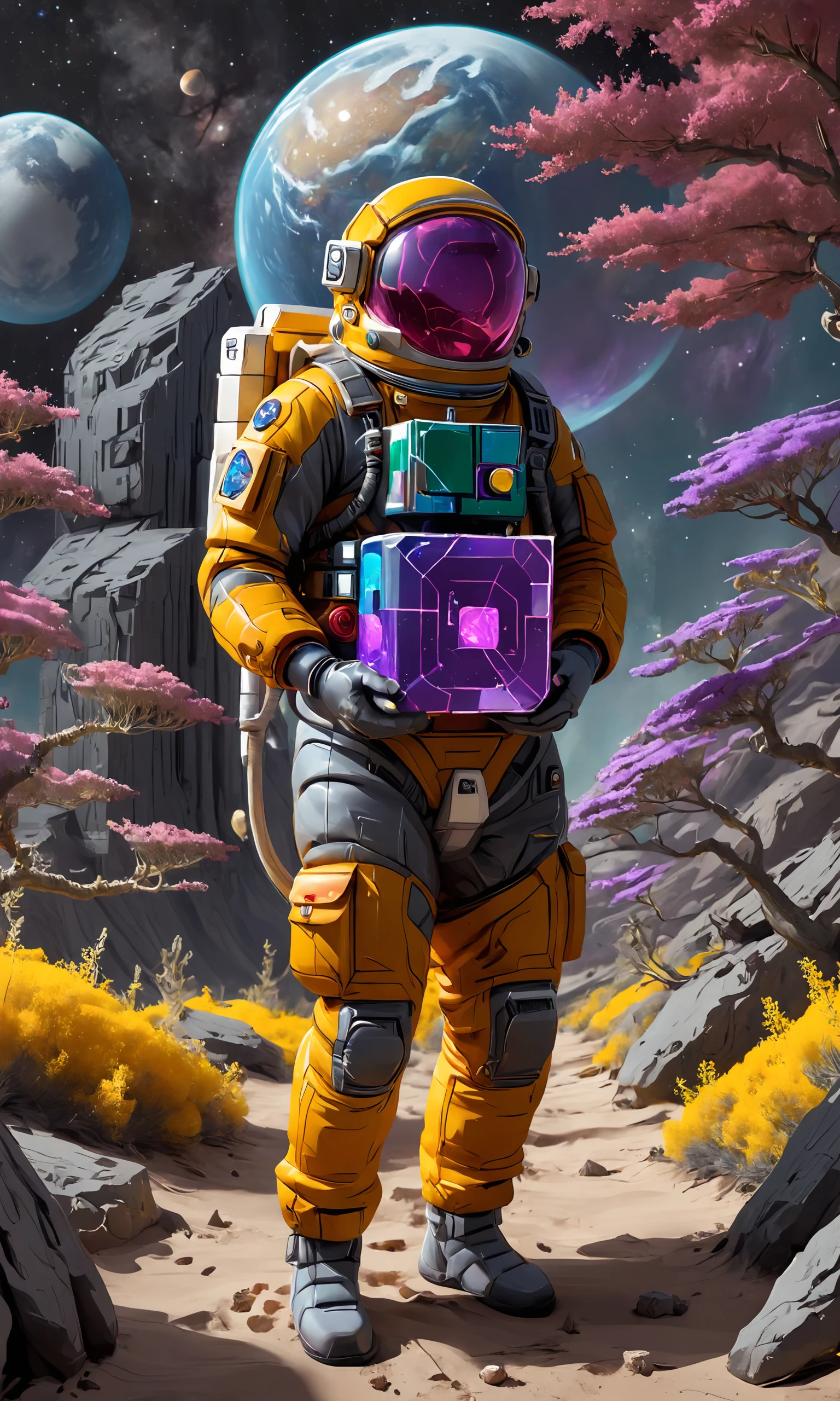 astronaut meets carrying a cube with eyes, GelatinousCube, High detailed RAW color Photo, 8k, ultra detailed,  highly detailed, full body, digital painting, artstation, concept art, smooth, sharp focus, illustration , photoshop thick acrylic brushes, goldenrod and matte slate Medium Violet Red color scheme, sci-fi landscape, 16k <lora:vor_sci-fi.v1.sdxl.lora:1>