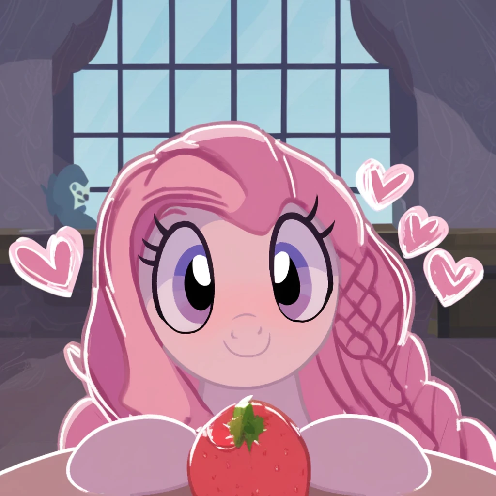 braid, indoors, fruit, window, looking at viewer, style parody, heart, no humans, long hair, looking at another