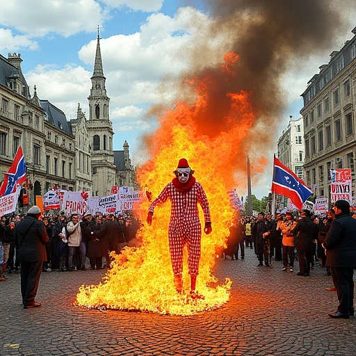 Imagine an image in graphic novel style: A clown effigy ablaze on a cobblestone street, surrounded by protesters waving a lion banner amid swirling smoke.