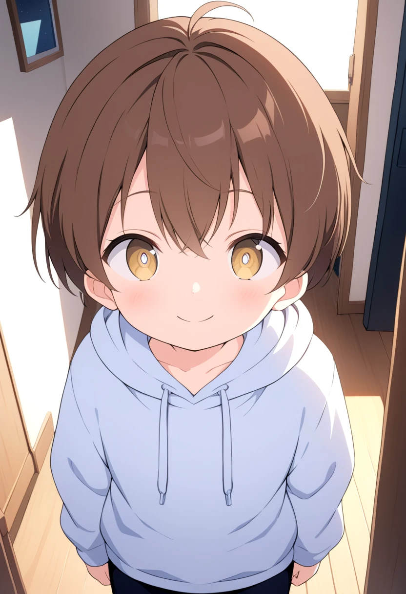 straight on shot, standing,detailed eyes,
inside house, loved face expression,
 <lora:cutifiedanimecharacterdesign_variant_type_F_XL_v10:1>, 1boy, type-f, chestnut brown hair, chestnut brown eyes, solo, anime style, manga style, drawn style, white hoodie,randoseru, aged down, black gakuran above hoodie, close up, smile,
(masterpiece:1.2), best quality, high resolution, unity 8k wallpaper, (illustration:0.8), (beautiful detailed eyes:1.6), extremely detailed face, perfect lighting, extremely detailed CG, (perfect anatomy),