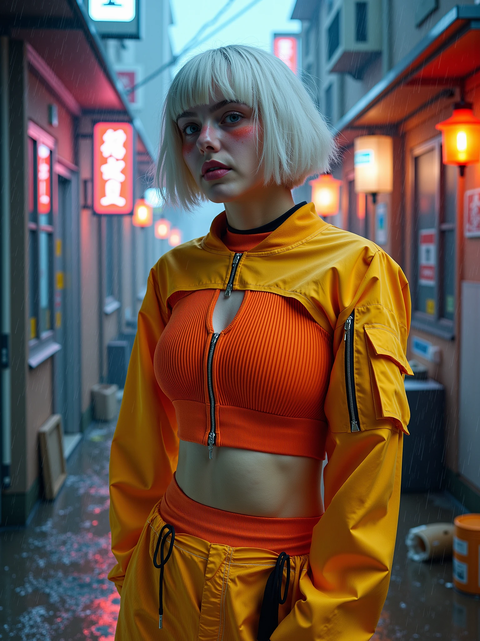 <lora:Cyberpunk_Jacket_01_FLUX:1.1> mad-cbrpnkjckt01, woman wearing orange croptop and yellow shrugs,  (hot pants:1.4), white hair, red eyes, pink lips, futuristic cyberpunk alley night , neon light, holograms, haze , cables, rain, puddles, garbage, dirt