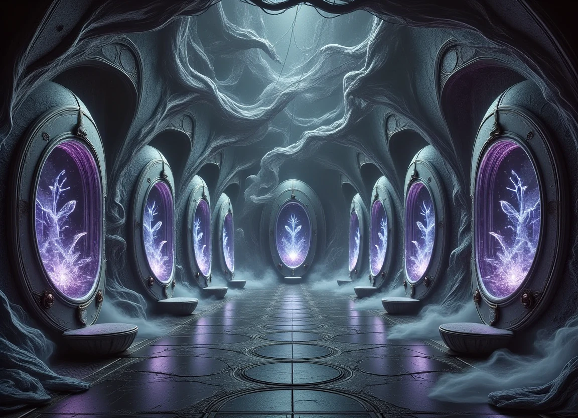 A surrealistic dreamscape of an astral projection chamber amidst a misty and ethereal evanesce cavernous environment, where luminous aura of tranquility swirls in harmony with softly glowing ether crystals and spirit guides emanating from ancient-looking DonM amplifiers, surrounded by rows of futuristic sensory isolation tanks resembling giant crystal pods.