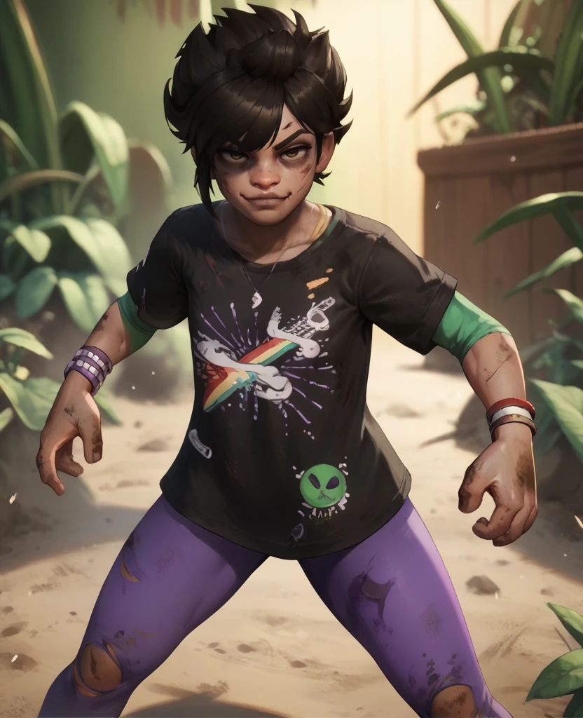 score_9,score_8_up,score_7_up,
willowgd,black hair,brown eyes,
black shirt,purple leggings,bracelet,green short sleeves,
smug,
giant backyard,large plants,
fighting stance,dirty,light injury,
<lora:willowGD:0.8>,